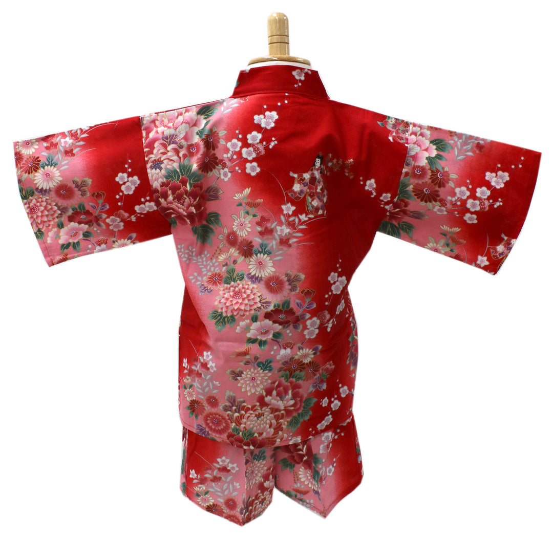 Girl's Kids Jinbei Yukata Robe Kimono for Summer- Dolls in Color Gradation Red