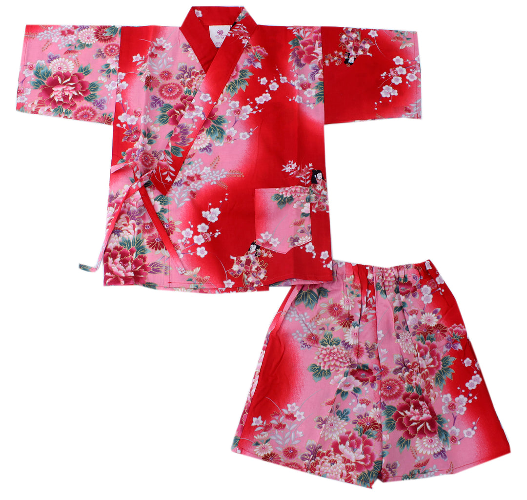 Girl's Kids Jinbei Yukata Robe Kimono for Summer- Dolls in Color Gradation Red