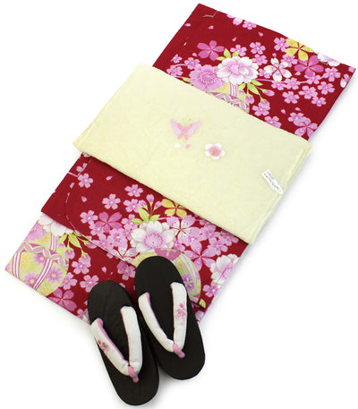 Girls' Yukata Heko-obi Geta 3 item set(Japanese Traditional Clothing): Red Sakura