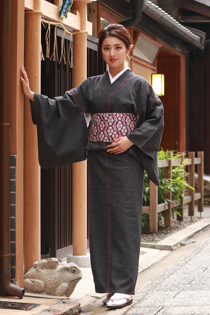 Women's Unlined Damage Denim Japanese Traditonal Kimono Black with Red Stitches