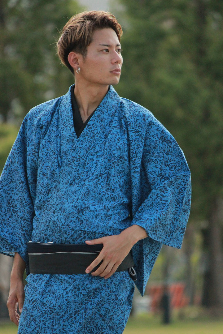 Men's Denim Unlined Japanese Traditional Kimono - Blue Flower Fade Design