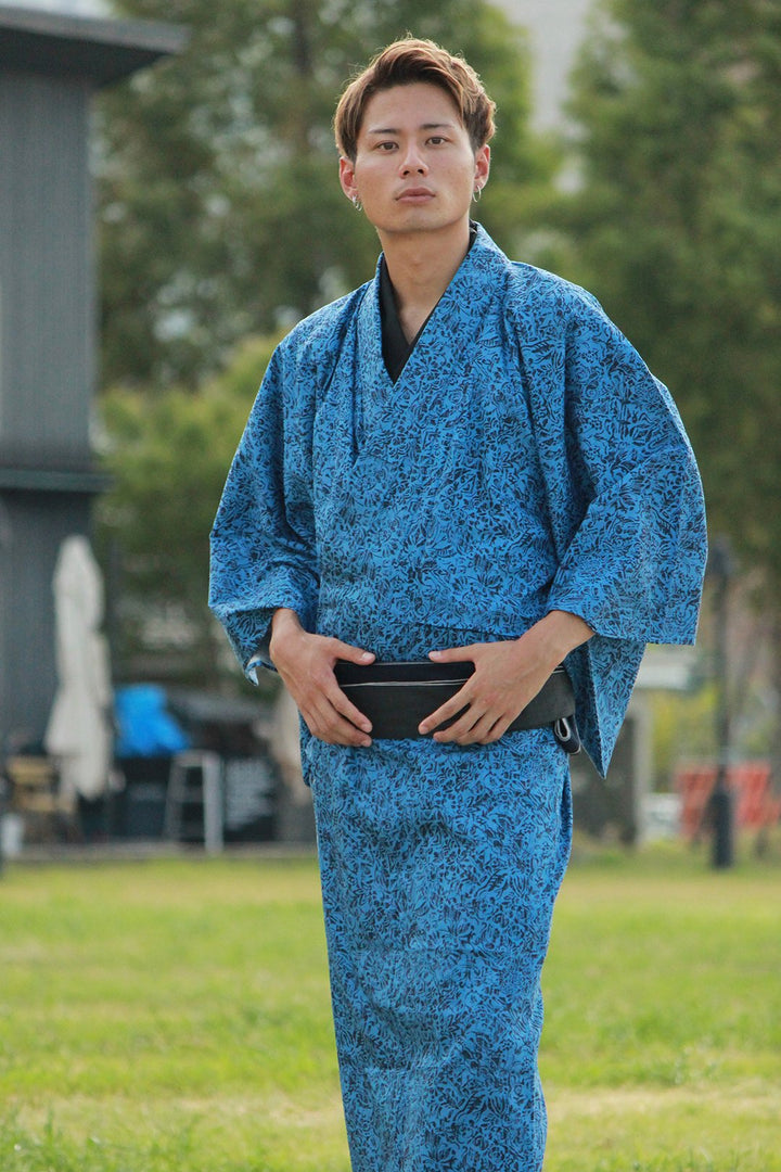 Men's Denim Unlined Japanese Traditional Kimono - Blue Flower Fade Design