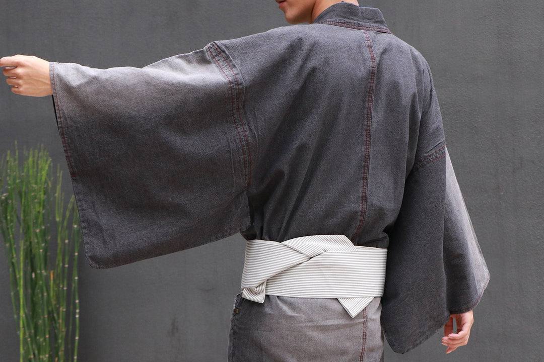 Men's Damaged Denim Unlined Kimono with Pockets Black: Japanese Traditional Clothes