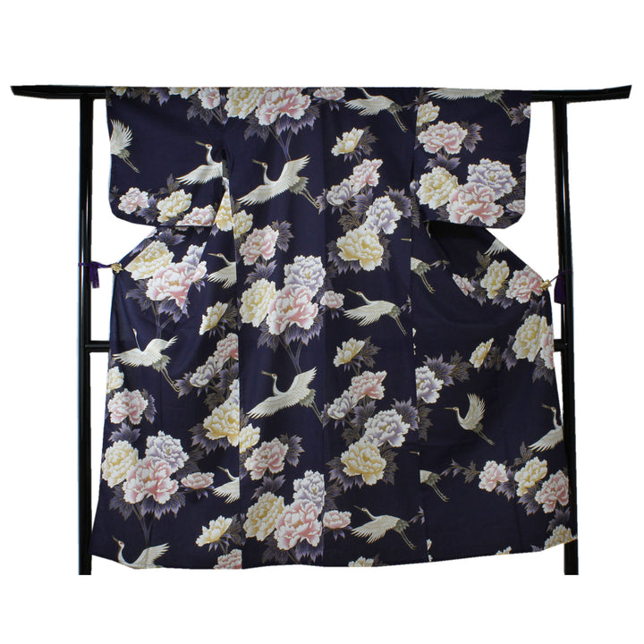 Women's Yukata Robe Japanese Summer Kimono - Peony & Crane Navy