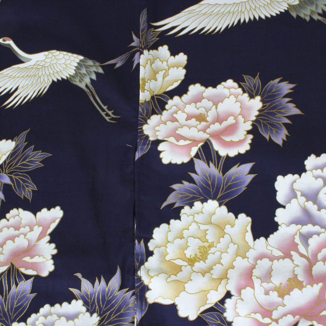 Women's Yukata Robe Japanese Summer Kimono - Peony & Crane Navy