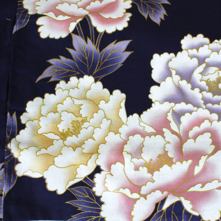 Women's Yukata Robe Japanese Summer Kimono - Peony & Crane Navy