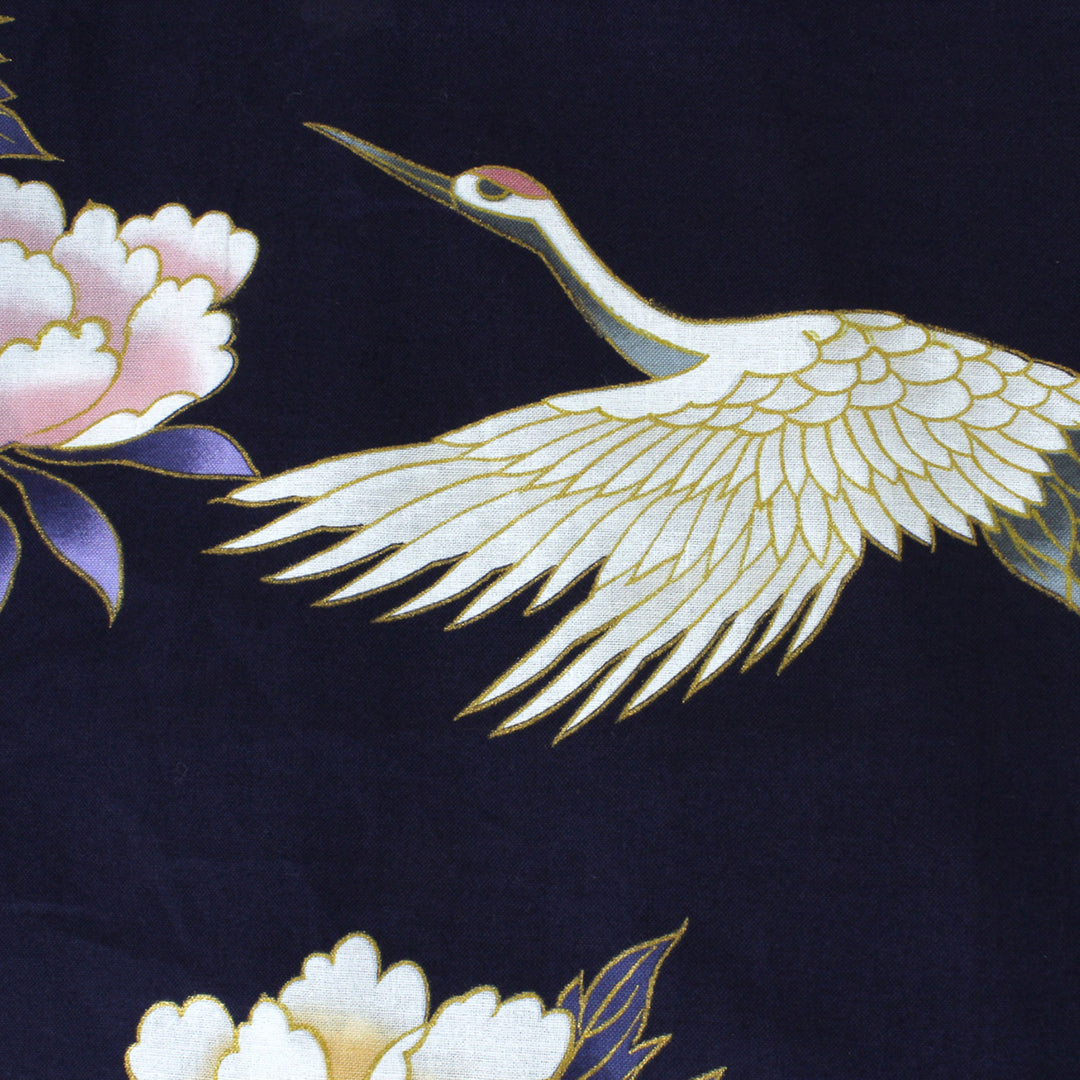 Women's Yukata Robe Japanese Summer Kimono - Peony & Crane Navy