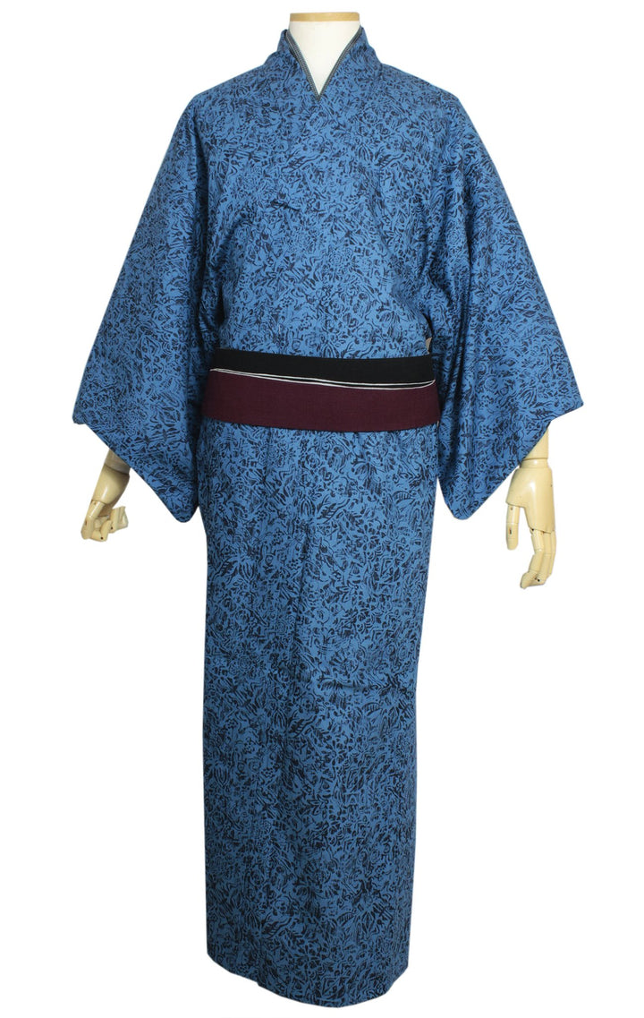 Men's Denim Unlined Japanese Traditional Kimono - Blue Flower Fade Design