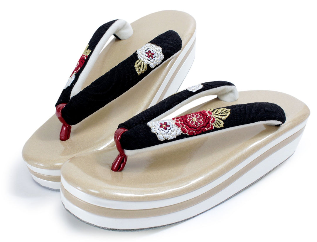 Women's Japanese kimono zori sandals - Gold x White, Black hanao