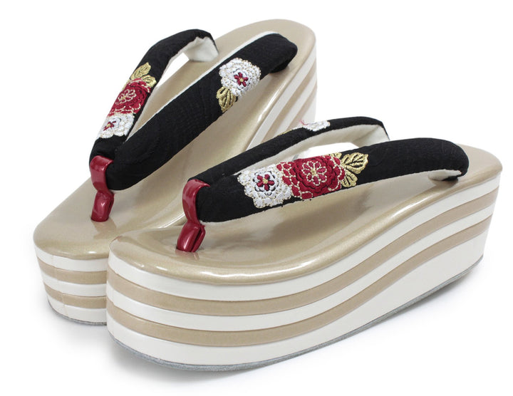 Women's Japanese kimono zori sandals - Gold x White, Black hanao