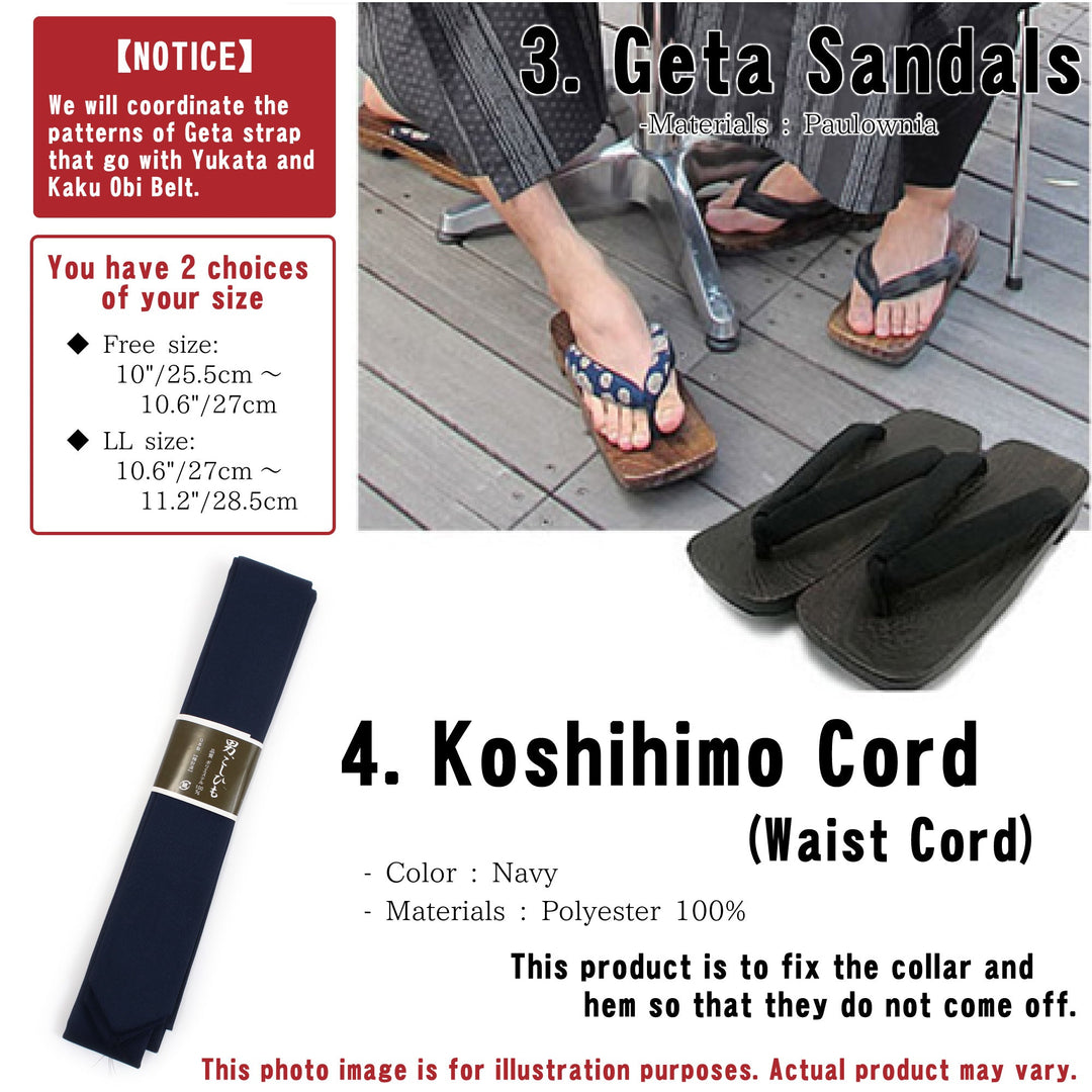 Men's Easy Yukata Coordinate Set of 4 Items For Beginners : Geta Sandals and Koshihimo Cord(Waist Cord)