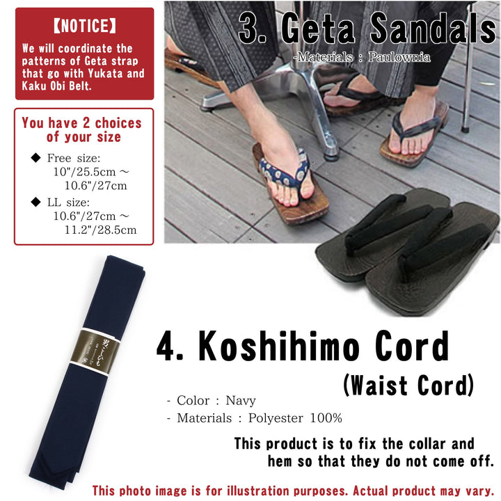 Men's Easy Yukata Coordinate Set of 4 Items For Beginners : Geta Sandals and Koshihimo Cord(Waist Cord)