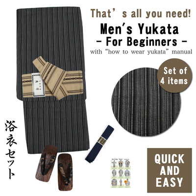 Men's Easy Yukata Coordinate Set of 4 Items For Beginners : Black/White Thin Stripe