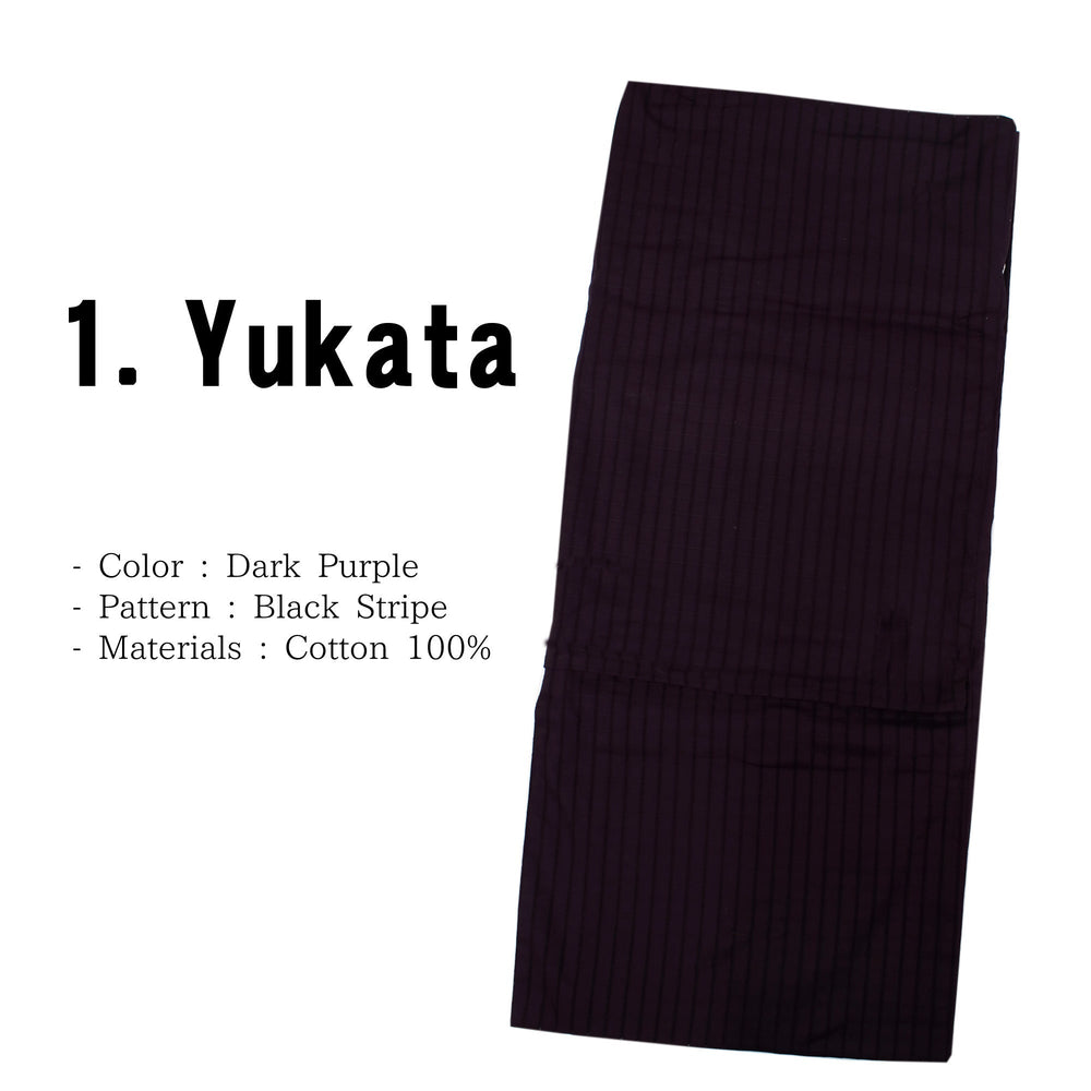 Men's Easy Yukata Coordinate Set of 4 Items For Beginners :Dark Purple/Black Stripe