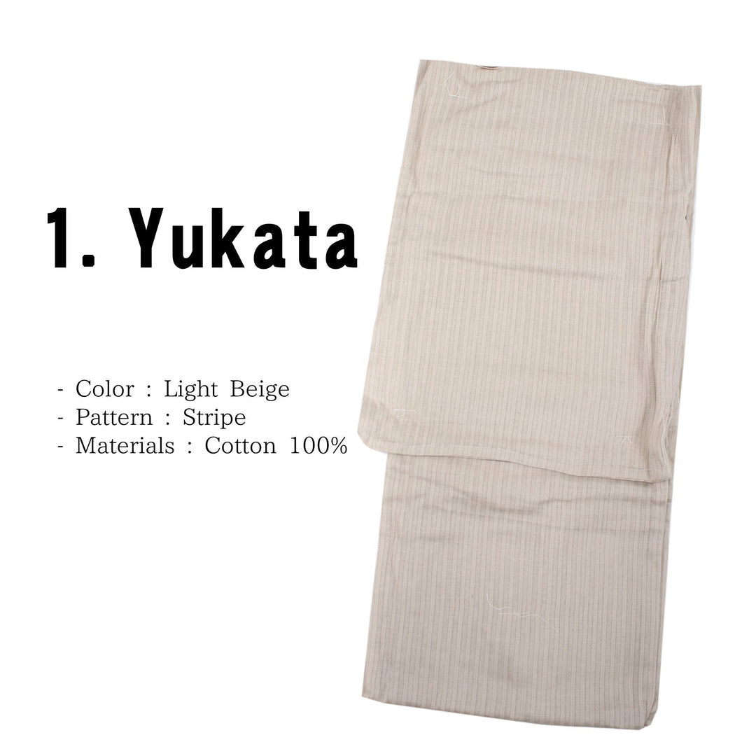 Men's Easy Yukata Coordinate Set of 4 Items For Beginners :Off White/Stripe