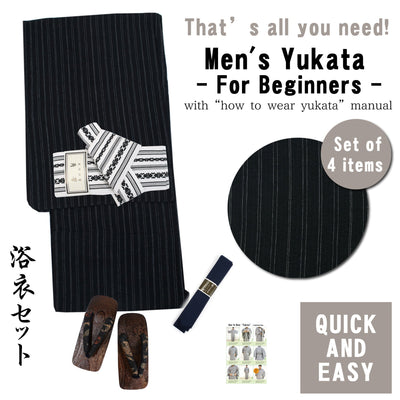 Men's Easy Yukata Coordinate Set of 4 Items For Beginners :Black Navy/ White Thin Stripe