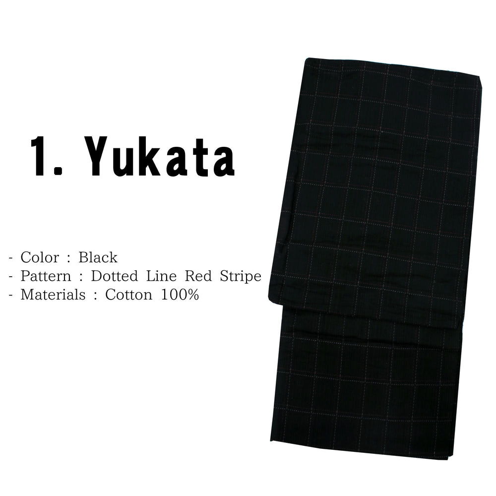 Men's Easy Yukata Coordinate Set of 4 Items For Beginners :Black/ Dotted Line Red Stripe