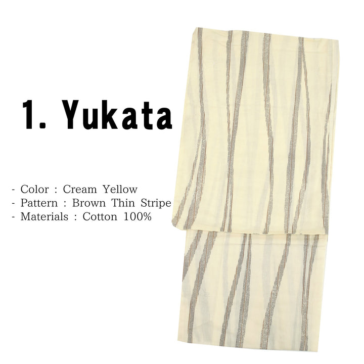 Men's Easy Yukata Coordinate Set of 4 Items For Beginners :Cream Yellow/Brown Thin Stripe