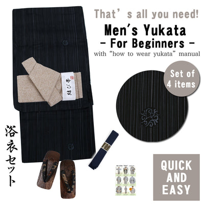 Men's Easy Yukata Coordinate Set of 4 Items For Beginners :Black/Gray Stripe