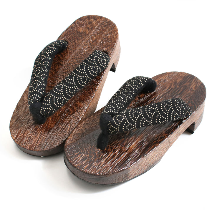 Kids Japanese Kimono Yukata Wooden Geta Sandals, 16-17cm Seigaiha Wave Black