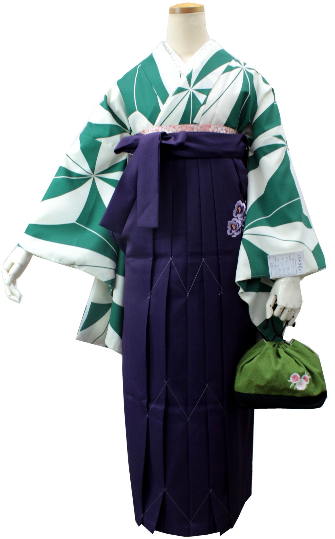 Women's Washable Nishakusode Kimono- Off White Green Asanoha
