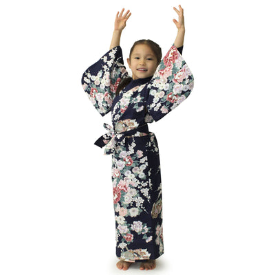 Girl's Easy Yukata / Kimono Robe : Japanese Traditional Clothes - Princess & Peony Navy
