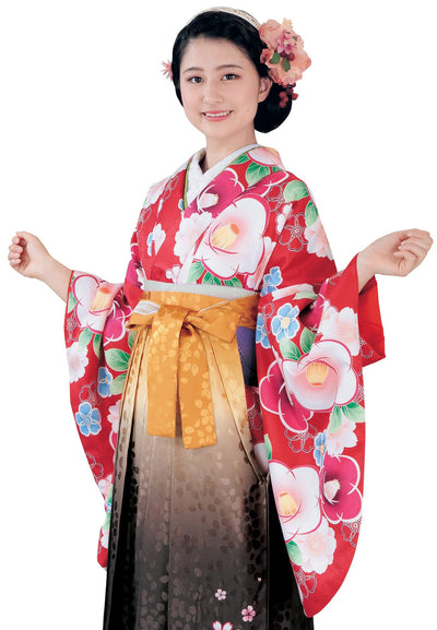 Woman's Japanese Nishakusode Kimono for Hakama -Red