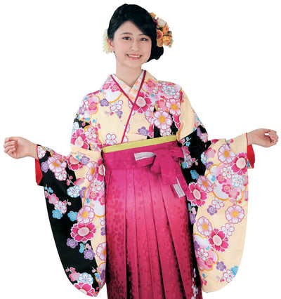 Woman's Japanese Nishakusode Kimono for Hakama - Orange /black