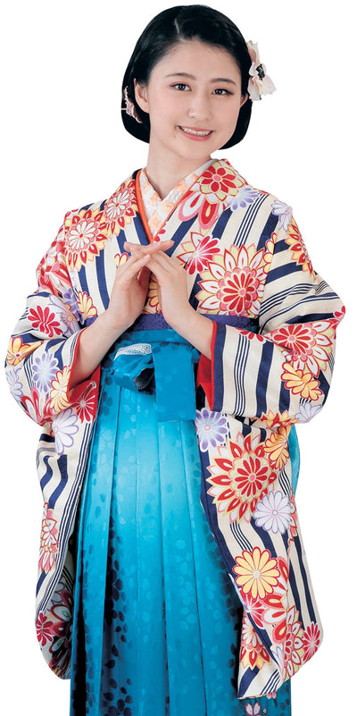 Woman's Japanese Nishakusode Kimono for Hakama -Navy/ Ivory