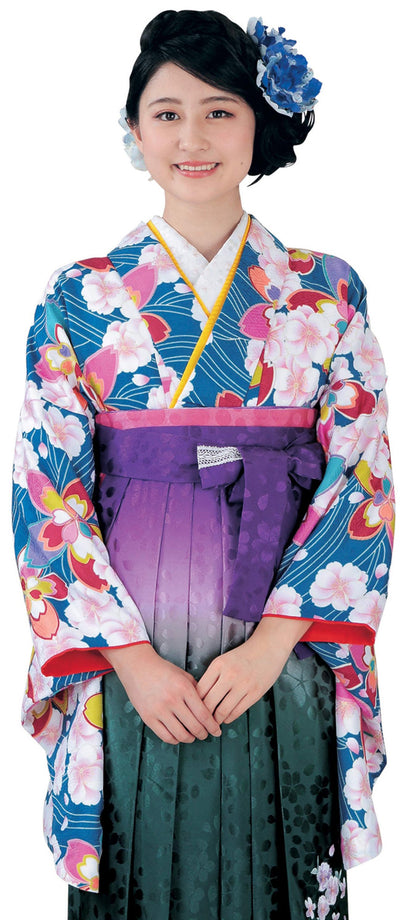 Woman's Japanese Nishakusode Kimono for Hakama -Blue