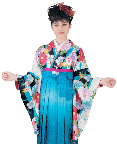 Woman's Japanese Nishakusode Kimono for Hakama - Blue / black