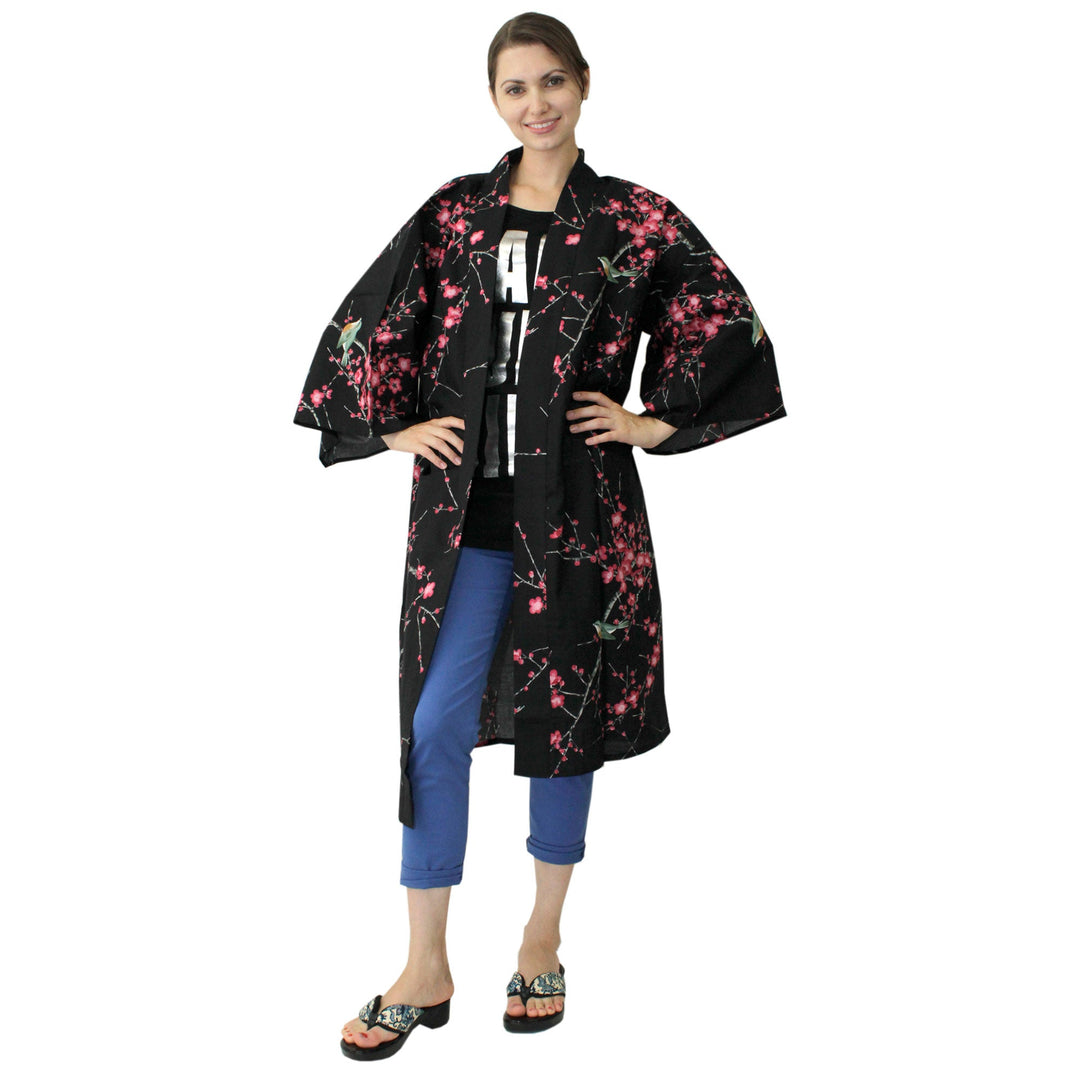 Women's Happi Coat: Kimono Robe - Plum & Bush Warbler Black