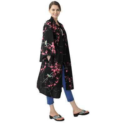 Women's Happi Coat: Kimono Robe - Plum & Bush Warbler Black