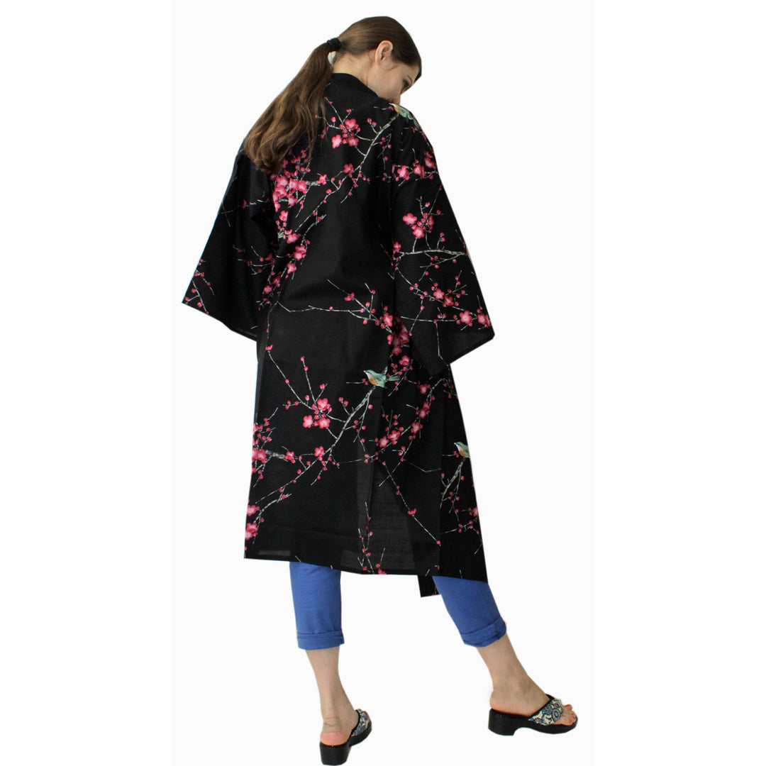 Women's Happi Coat: Kimono Robe - Plum & Bush Warbler Black