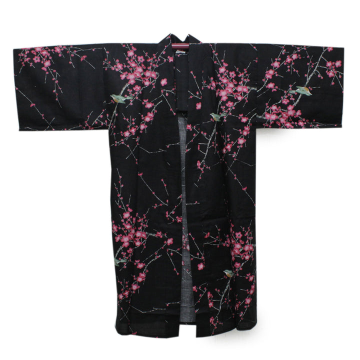 Women's Happi Coat: Kimono Robe - Plum & Bush Warbler Black