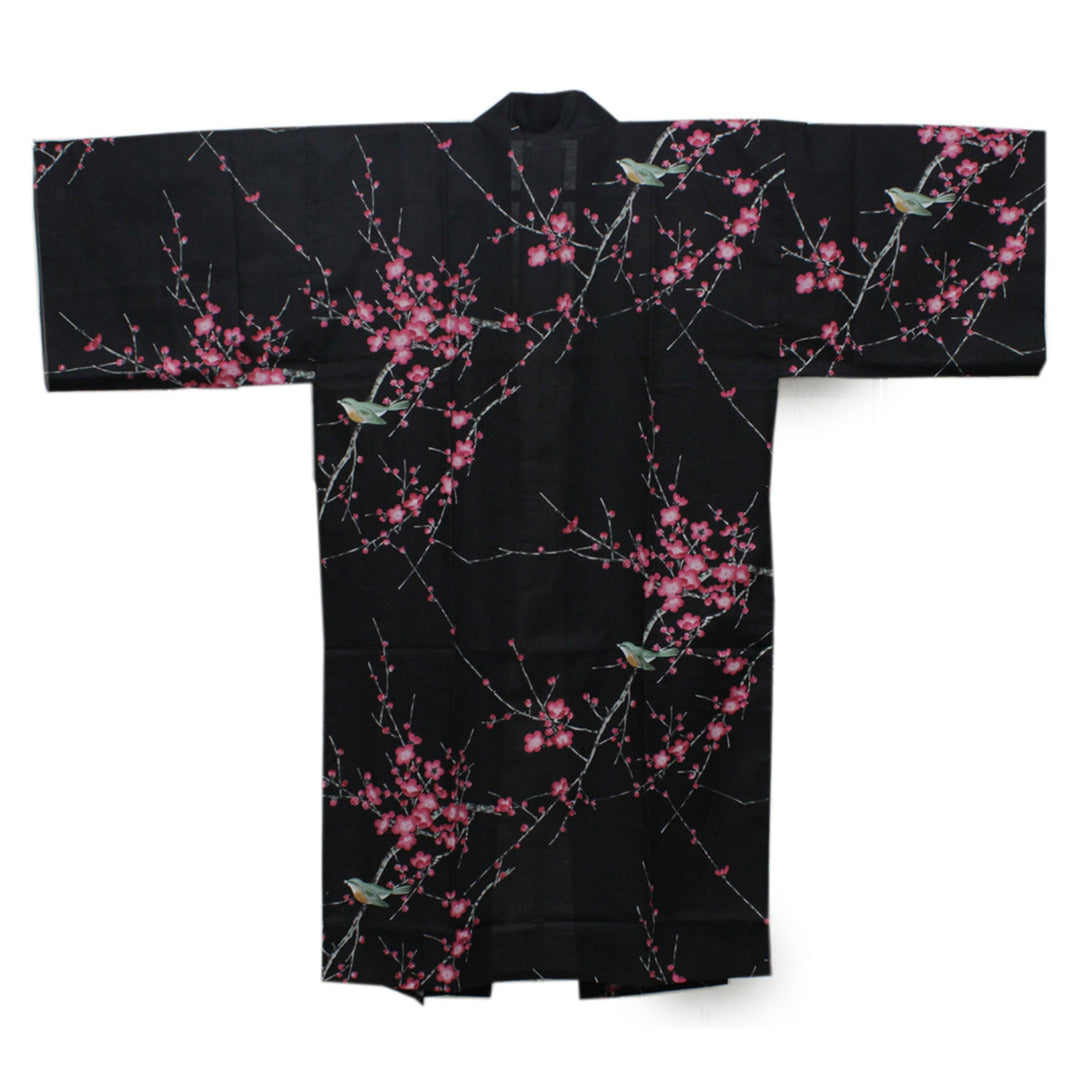 Women's Happi Coat: Kimono Robe - Plum & Bush Warbler Black