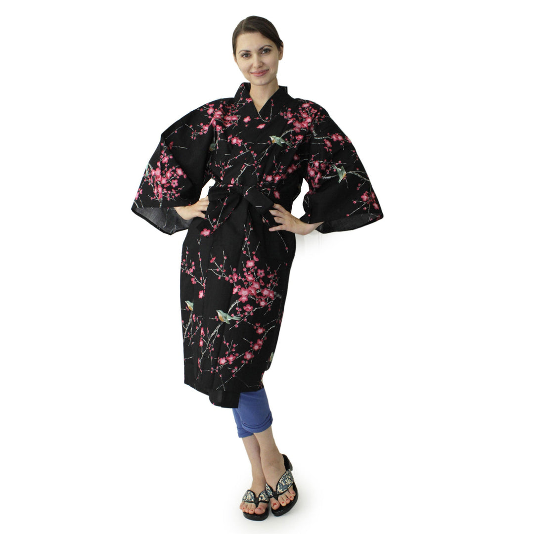 Women's Happi Coat: Kimono Robe - Plum & Bush Warbler Black