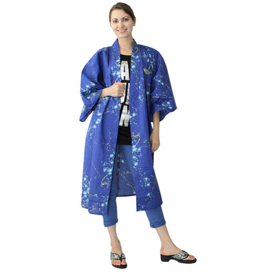 Women's Happi Coat: Kimono Robe - Plum & Bush Warbler Blue