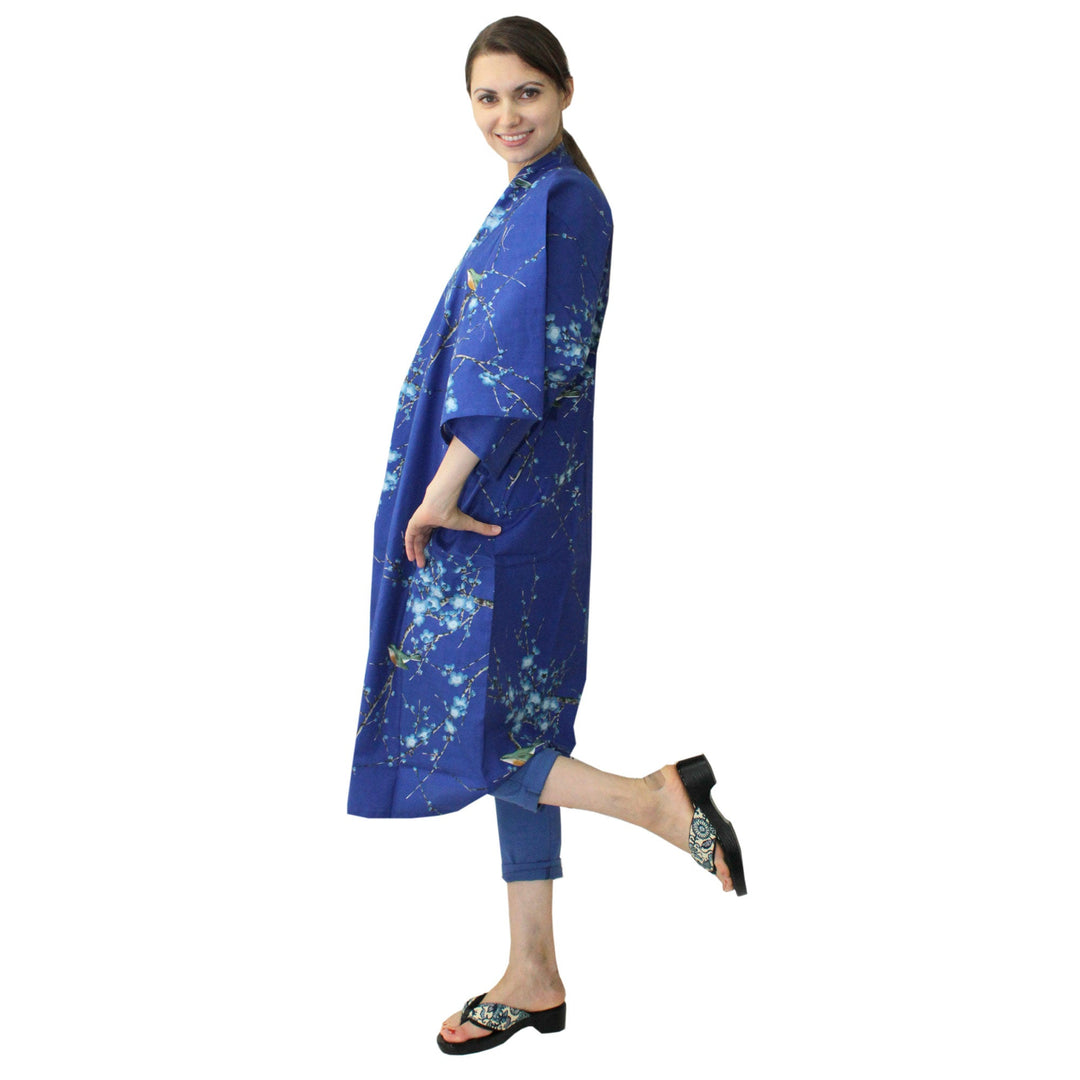 Women's Happi Coat: Kimono Robe - Plum & Bush Warbler Blue