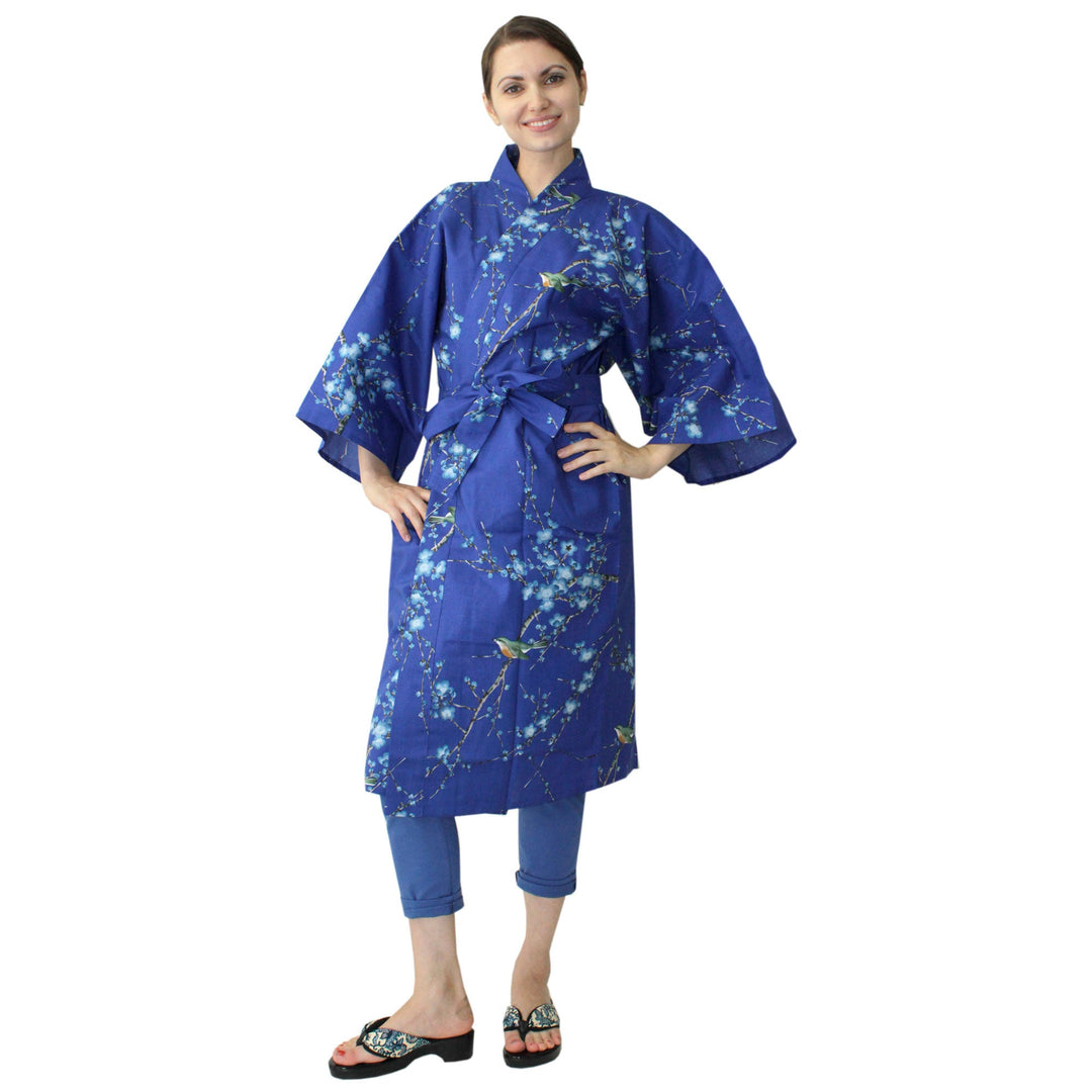 Women's Happi Coat: Kimono Robe - Plum & Bush Warbler Blue