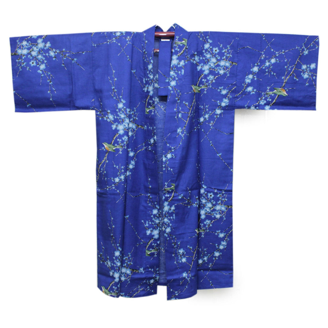 Women's Happi Coat: Kimono Robe - Plum & Bush Warbler Blue