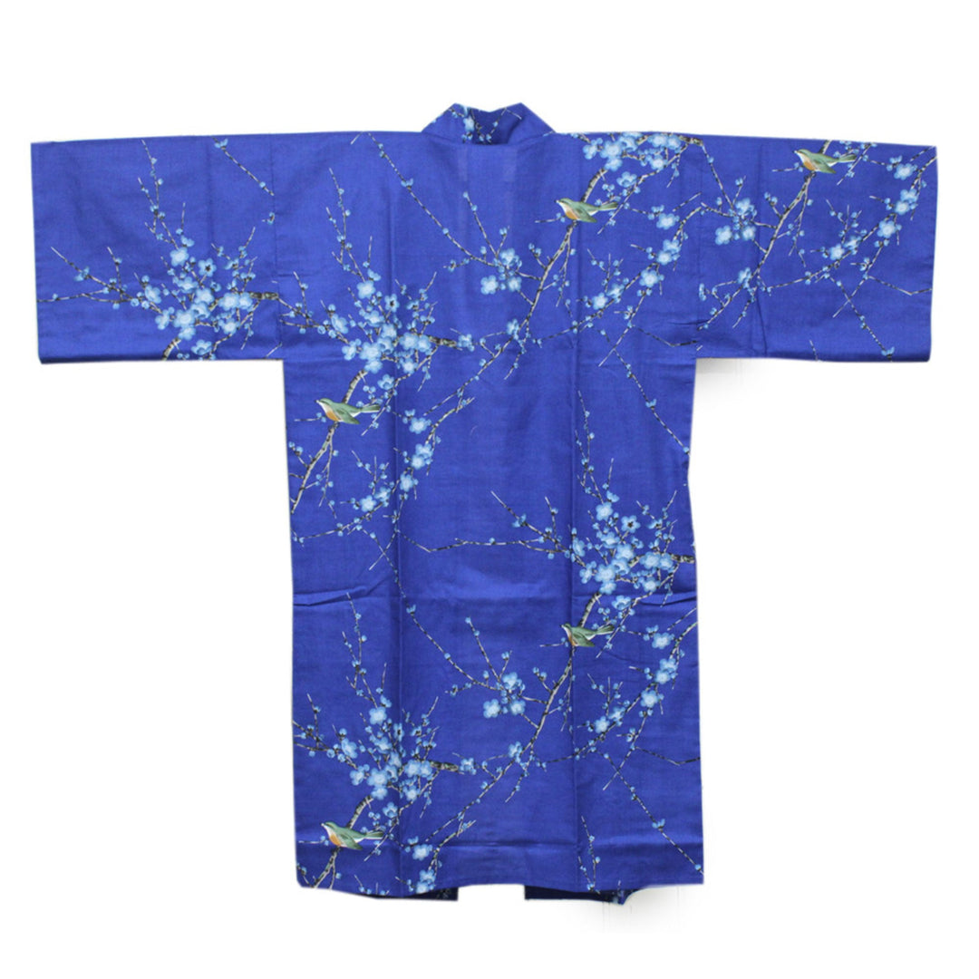 Women's Happi Coat: Kimono Robe - Plum & Bush Warbler Blue