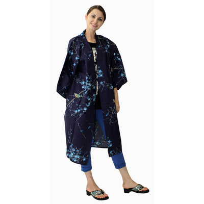 Women's Happi Coat: Kimono Robe - Plum & Bush Warbler Navy