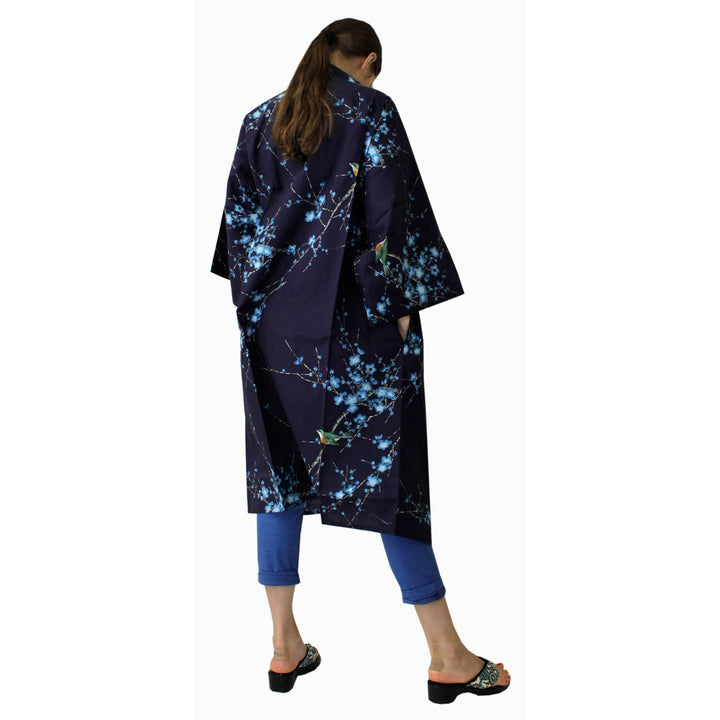 Women's Happi Coat: Kimono Robe - Plum & Bush Warbler Navy