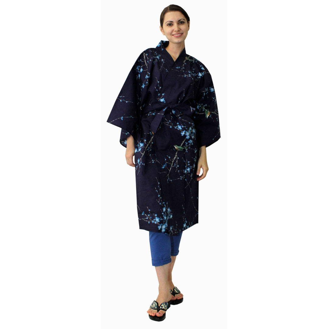 Women's Happi Coat: Kimono Robe - Plum & Bush Warbler Navy