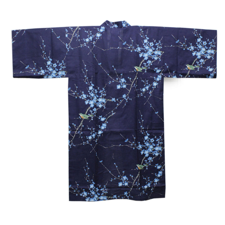 Women's Happi Coat: Kimono Robe - Plum & Bush Warbler Navy