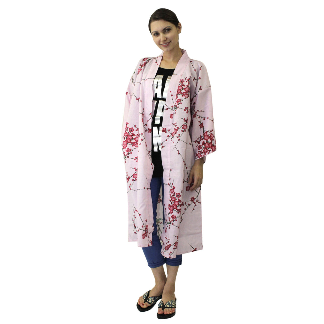 Women's Happi Coat: Kimono Robe - Plum & Bush Warbler Pink