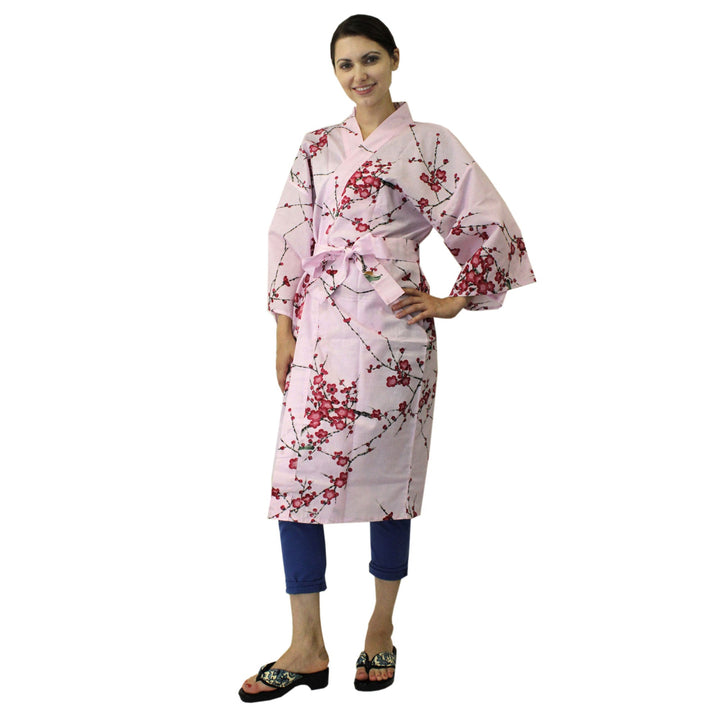 Women's Happi Coat: Kimono Robe - Plum & Bush Warbler Pink