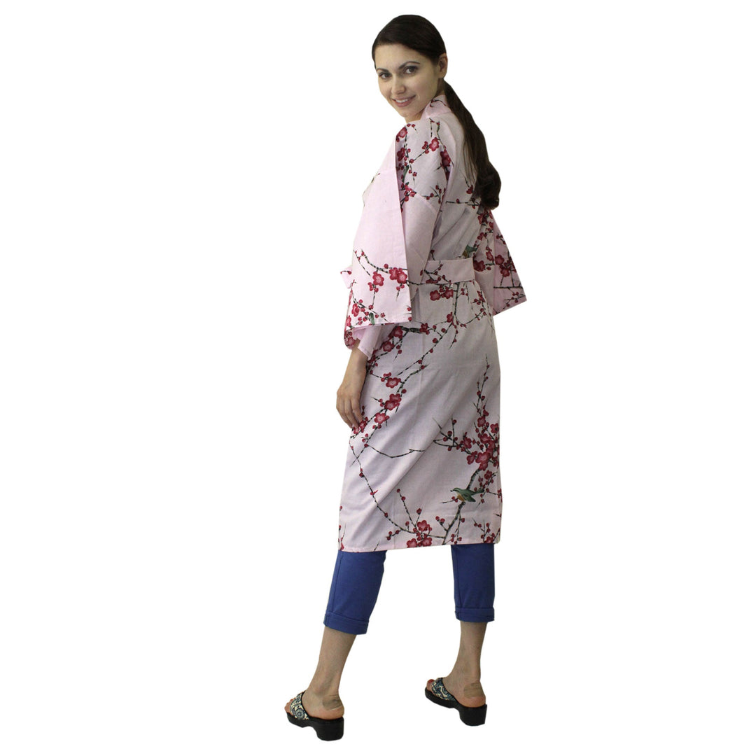 Women's Happi Coat: Kimono Robe - Plum & Bush Warbler Pink