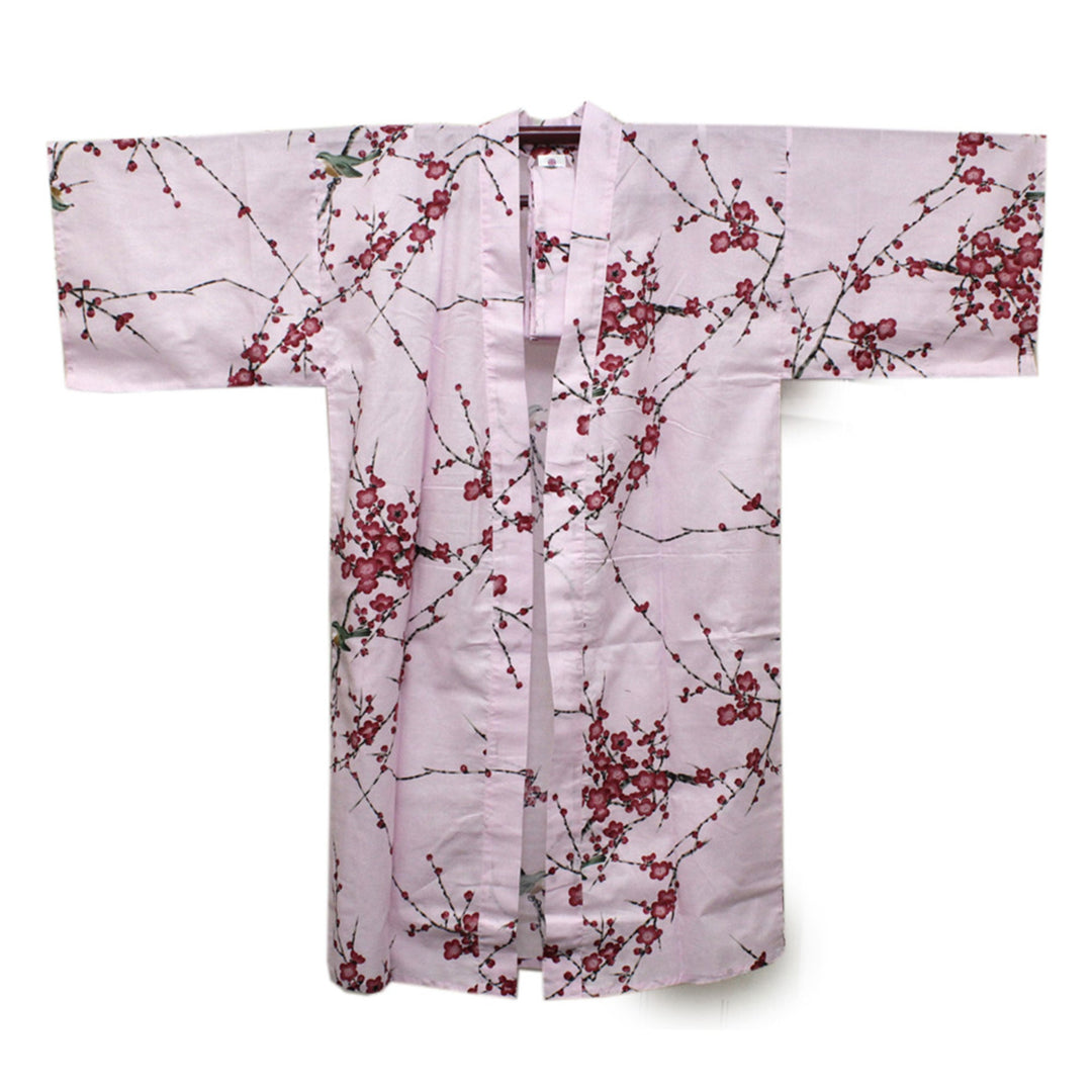 Women's Happi Coat: Kimono Robe - Plum & Bush Warbler Pink